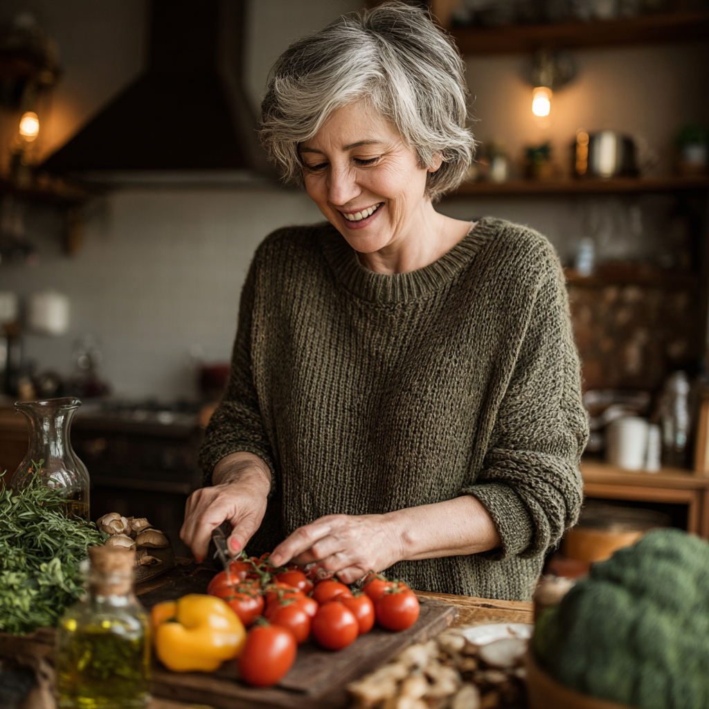 Жінка 52 років з задоволенням готує здорову страву за рецептом з пробної програми