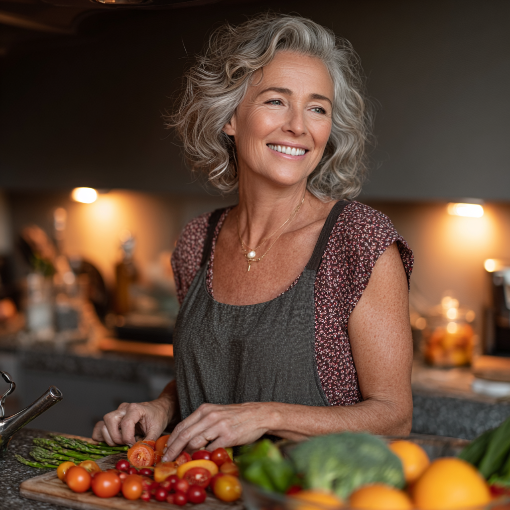 Жінка 55 років готує здорову їжу на кухні згідно з персональним планом харчування