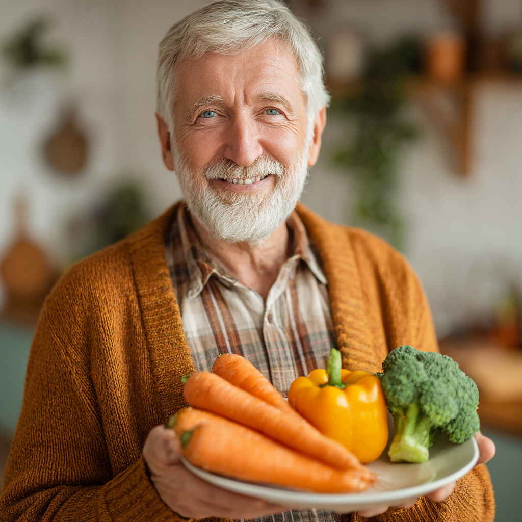 Чоловік 58 років радіє результатам здорового харчування, тримає в руках тарілку зі свіжими овочами