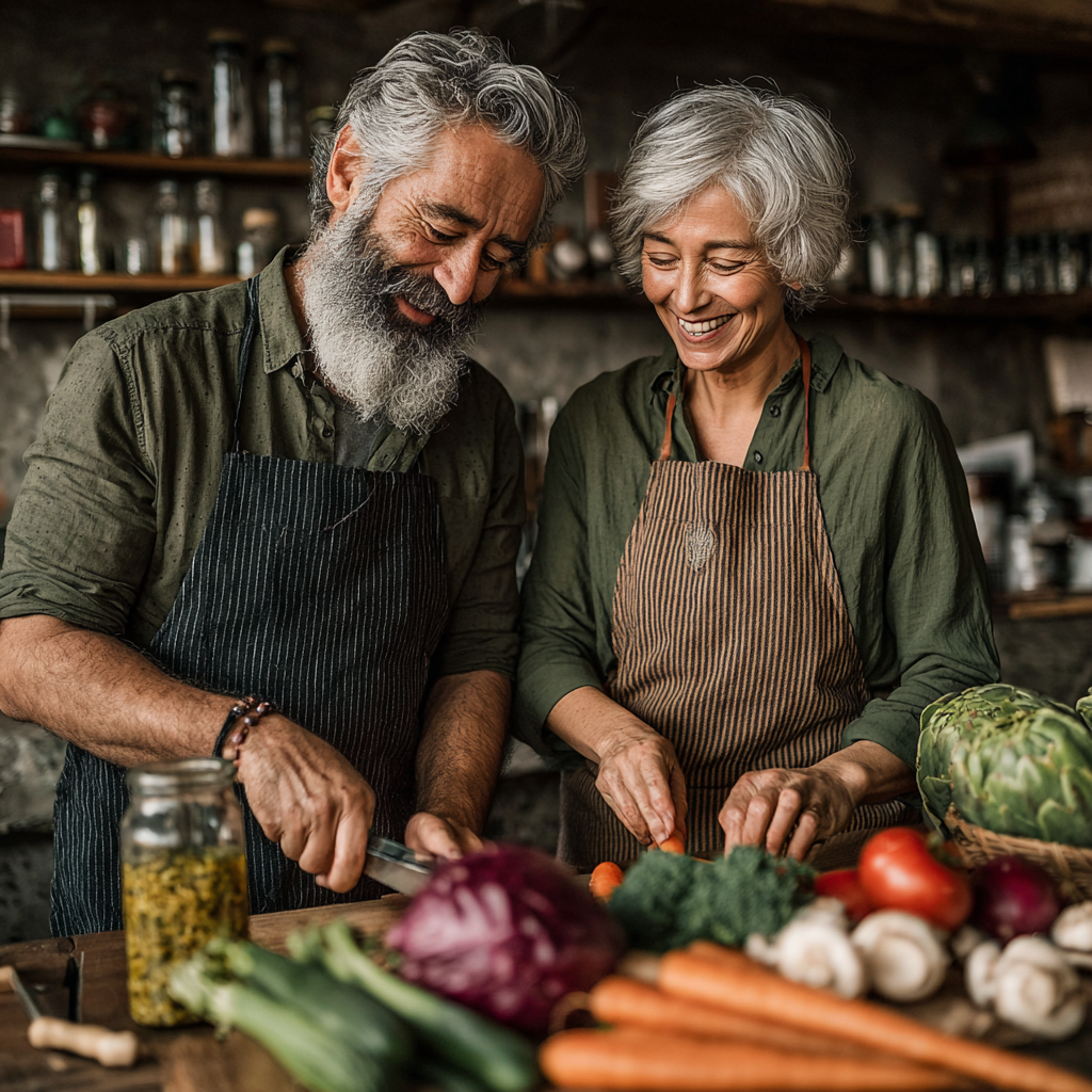 Пара 60 років разом готує здорову страву та посміхається, демонструючи результати програми zelkarnum